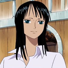 an anime character with long black hair and blue eyes