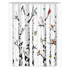 a shower curtain with birds and trees on it