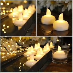 white candles are sitting on a wooden table