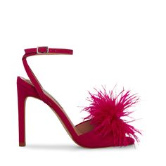 ELEVATED + DECADENT + FUN A squared toe and a stiletto heel are softened with a puff of feathers on the toe of the CRUSH sandal. Square toe stiletto sandal Crossed ankle strap with buckle closure 4.5 inch heel height Nubuck leather upper material with feathers Synthetic lining Synthetic sole Imported Fuschia Heels, Chic Black Outfits, Denim Short Jumpsuit, The Crush, Heels Steve Madden, Steve Madden Store, Pink Square, Elegant Gothic, Stiletto Sandals