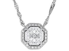 Moissanite Fire® 2.74ctw diamond equivalent weight octagon star asscher cut and round brilliant, Platineve® halo necklace. Measures  approximately 18" L x 7/16" W. Singapore chain has a lobster clasp and 2 inch extender. Actual moissanite weight is 2.49ctw. White Gold Asscher Cut Diamond Necklace, White Gold Moissanite Necklaces With Halo Design, Diamond White Moissanite Necklace With Halo Setting, Formal White Gold Diamond Necklace, Formal White Gold Octagon Diamond Necklace, Asscher Cut Diamond Necklace, White Gold Octagon Necklace With Diamond Accents, Anniversary Moissanite Necklace With Halo Setting, White Gold Diamond Cut Octagon Necklace