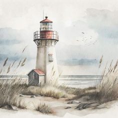 watercolor painting of a lighthouse on the beach with sea oats in foreground