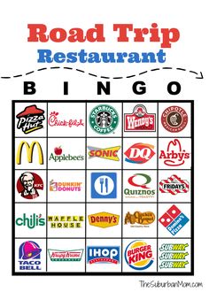 the road trip restaurant bingo game is shown in red, white and blue with different logos