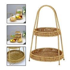 three tiered wicker basket with handles and trays on the bottom, along with pictures of different types of food