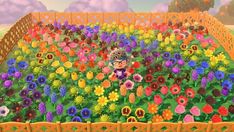 an animal is standing in the middle of a flower garden with many different colored flowers