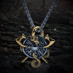 Delve into the depths of Norse prophecy with the Jormungandr & Helm of Awe Pendant Necklace. This artwork captures Jormungandr alongside the mystical Helm of Awe, symbols of cosmic power and protection. Inspired by the tale of Ragnarök, this Viking Necklace weaves the threads of ancient legend into a modern talisman. Chain Length: 60cmPendant height: 4.5cm Premium 316L stainless steel Lifetime warranty Worldwide Shipping Nordic Symbols, Raven Skull Necklace, Helm Of Awe, Viking Shield, Magnetic Necklace, Raven Skull, Viking Necklace, Wolf Design, Skull Necklace