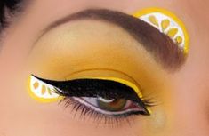 Lemon Meringue Makeup Look, Fun Easy Makeup Ideas, Fruit Eye Makeup, Cheek Makeup Art, Fruit Makeup Looks, Banana Makeup, Colorful Makeup Looks, Fruit Makeup