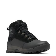 These mens Buxton black/quarry winter boots by Sorel provide the warmth and protect you need during the cold weather seasons. Made of textile and synthetic leather upper suede leather trim, these winter boots have a round toe and secure lace-up closure. A waterproof seam-seal construction and an injection-molded, waterproof thermal-rubber shell keep feet dry. The padded collar and tongue provide comfort while soft textile lining with 2o0g insulation keeps you feeling warm and toasty. Features in Black Boots With Rubber Sole For Outdoor, Black Waterproof Lace-up Boots For Walking, Black Weatherproof Lace-up Boots For Outdoor, Black Ankle Boots For Outdoor, Winter Adventure Insulated Boots, Black Leather Lace-up Boots For Outdoor, Black Ankle Lace-up Boots For Outdoor, Black Lace-up Ankle Boots For Outdoor, Black Waterproof Boots With Rubber Sole For Outdoor Work