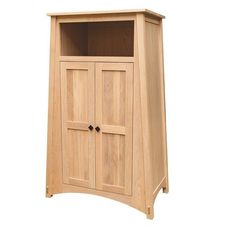 a wooden cabinet with two doors on one side and an open door on the other