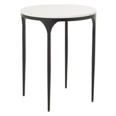 a white table with black legs and a round top on an isolated white surface, viewed from the side