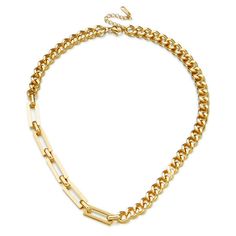 Get ready to elevate your style game with this 18K Gold Link Chain Necklace. Made with hypoallergenic, waterproof, and fade-resistant materials, this necklace is perfect for everyday wear. With proper care, the gold-plated stainless steel will remain shiny for at least 2 years. Plus, the 15.8" length with an extender allows for versatile styling options. Gold Stainless Steel Chunky Chain Necklace, Trendy Tarnish-resistant Chain Link Necklace, Gold Chunky Chain Necklace In Stainless Steel, Gold Stainless Steel Chunky Chain Necklaces, Trendy Gold Tarnish-resistant Chain Necklace, Trendy Gold Cuban Link Necklace, Trendy Tarnish Resistant Link Chain Necklace, Trendy Gold-tone Tarnish Resistant Chain Necklace, Gold Link Chain Necklace