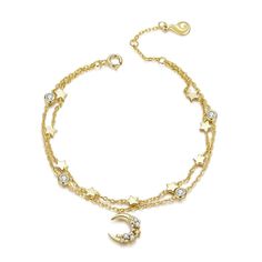 PRICES MAY VARY. 💝WOSTU Shining Star & Moon Sterling Sliver Gold Plated Layered Bracelet💝 💝Extension Length💝: 6.3 inch +1 inch, Weight: 0.007 lb. Chain is adjustable, suitable for most people. 💝Premium Quality💝: This sun and moon bracelet is made of genuine 925 sterling Silver, 14k gold plated and sparking cubic Zirconia. It's nickel-free, lead-free, cadmium-free and anallergic, tarnish resistant and will not easy to change color. 💝Best Gift Idea💝: Unique ‘Star and Moon’ design and high- Sun And Moon Bracelet, Layered Bracelet, Moon Bracelet, Star And Moon, Sterling Bracelets, Butterfly Bracelet, Sparkle Jewelry, Gold Bracelet For Women, Star Moon