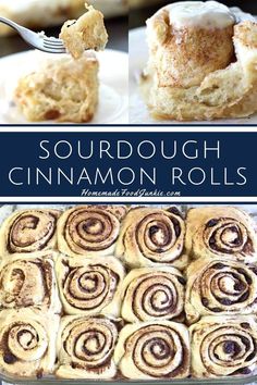 a collage of cinnamon rolls with icing on top and the words sourdough cinnamon rolls below