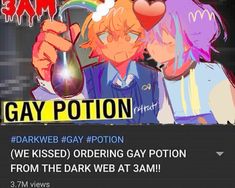 two anime characters are looking at a computer screen with the caption gay potton