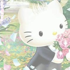 an image of a hello kitty holding flowers