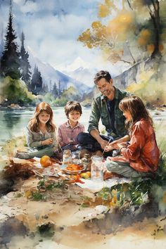 a painting of a family having a picnic by the water