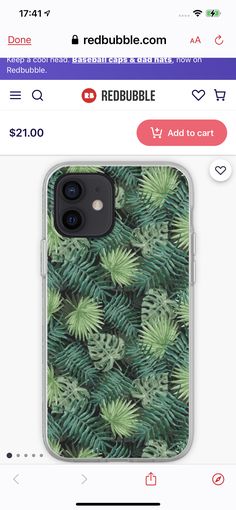 an iphone case with green leaves on it, and the text redbubble com