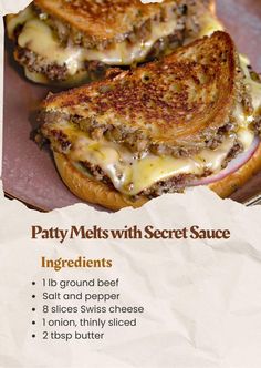 the menu for patty melts with secret sauce includes grilled cheese and ground beef