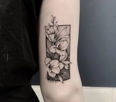 Black And White Rectangle Tattoo, Rectangle Tattoo Ideas, Freesia Flower Tattoo, Frame Tattoo Design Square, Wrist Flower Tattoo, Flower Tats, Tattoo Line Art, Freesia Flower, Square Tattoo