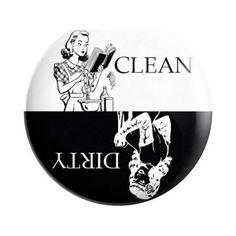 a black and white button with the words dish clean on it, next to an image of a woman reading a book