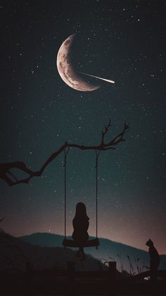 a person sitting on a swing at night with the moon in the sky above them