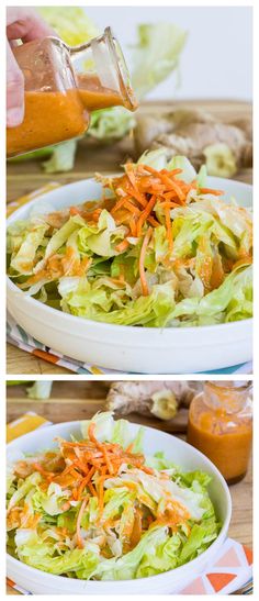 two pictures showing the process of making a salad with lettuce and carrots