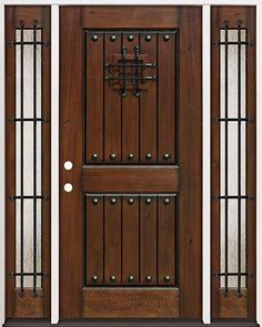 a wooden door with two sidelights and glass panels