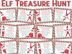 an elf's christmas message is shown in red and green with the words, elf treasure hunt