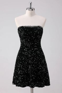 Amzcw Sparkly Black A Line Strapless Short Homecoming Dress with Sequi – Amzcw Dress Sequin Party Dress Short, Classy Homecoming Dress, Black Glitter Dress, Black Dress Outfit Party, Party Dress Inspiration, Little Black Dress Outfit, Homecoming Dresses Sparkly, Short Graduation Dresses, Sequin Homecoming Dress