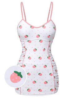 [Pre-Sale] White & Pink 1950s Strawberry Pleated Swimsuit Swimsuit Two Piece, Cute Two Piece Swimsuit, Pink Clothing, Pink Strawberry, 1950s Swimsuit, Strawberry Outfit, Pink Bathing Suits, Swim Suit, Pink Swimsuit