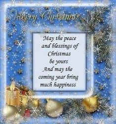 merry christmas card with blue background and snowflakes on the border, surrounded by gold ornaments