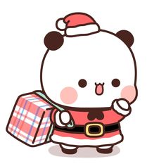 a cartoon bear dressed as santa clause holding a gift box and wearing a hat with ears