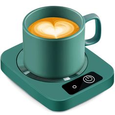 a cup of coffee sitting on top of a scale with a heart in the foam