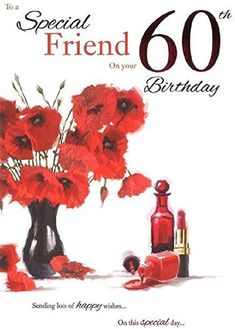 a birthday card with red flowers in a vase