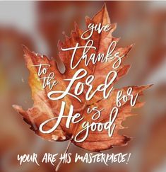 a leaf with the words give thanks to the lord for he is good