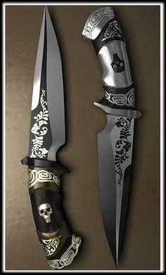 two different types of knifes with gold and black designs on them, one has a skull in the middle