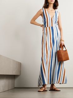 EMPORIO SIRENUSE + NET SUSTAIN Nellie French striped cotton maxi dress | NET-A-PORTER V-neck Dress With Vertical Stripes For Day Out, Striped Cotton Maxi Sundress, Chic Striped Cotton Maxi Dress, Chic Striped Maxi Dress, Striped Cotton Maxi Dress For Vacation, Chic Striped V-neck Dress, Beach Dresses With Vertical Stripes And V-neck, Striped Cotton Maxi Dress For Spring, Striped Maxi Dress With Vertical Stripes For The Beach