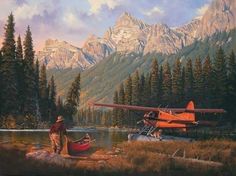 a painting of a man standing in front of an airplane next to a body of water