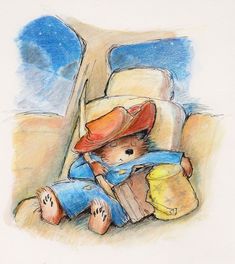 a drawing of a teddy bear wearing a cowboy hat and holding a book in his lap