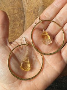 Raw Citrine Crystal Gold Hoop Earrings Gemstone Boho | Etsy Bohemian Hammered Hoop Jewelry, Handmade Round Citrine Earrings, Bohemian Amber Jewelry With Hand Forged Details, Bohemian Amber Jewelry Hand Forged, Hand Forged Amber Bohemian Jewelry, Angel Aura Quartz Necklaces, Cotton Jewelry, Raw Citrine, Quartz Jewelry