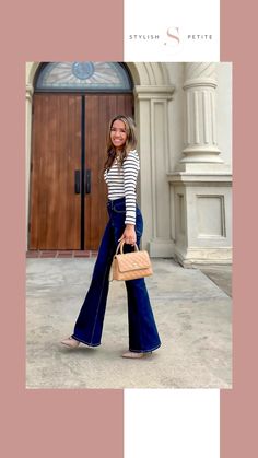 A lady wearing a black and white striped long sleeve shirt with bootcut dark jeans Dark Denim Flare Jeans, Casual Bodysuit, Denim Flare Jeans, Striped Bodysuit