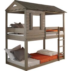 a wooden bunk bed with two sets of pillows on the bottom and an orange pillow below