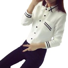 elegant turn down collar long sleeve shirt Strip Blouse, Mode Kawaii, Kimono Yukata, White Shirt Blouse, Women Blouses Fashion, The Office Shirts, Korean Fashion Women, Long Sleeve Sequin, Elegant Blouses