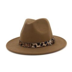 Jazzy Wool Fedora Hat with Leopard Print Belt Band-Hats-Innovato Design-Khaki-Innovato Design Leopard Hat, Leopard Belt, Tan Hat, Womens Fedora, Wool Fedora Hat, Wide Brim Fedora, Wool Fedora, Felt Fedora, Chunky Knit Blanket