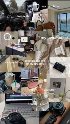 a collage of photos with different things on them including laptop, coffee mug and other items