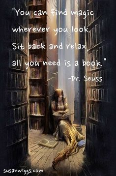 a woman is sitting in an open doorway with bookshelves and the words, you can find magic wherever you look sit back and relax all you need is a book