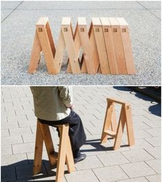 two pictures side by side one shows a person sitting on a bench and the other shows a ladder made out of wood