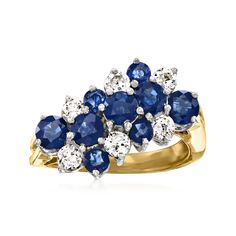 Ross-Simons - C. 1980 Vintage 1.75ct t. w. Sapphire, .50ct t. w. Diamond Cluster Ring, 18kt Gold. Size 5.25. C. 1980. The classic cluster design looks a lot more lively on this exuberant Estate collection ring! Mixed together into one unforgettable sight, 1.75 ct. t. w. round sapphires are highlighted by the radiance of .50 ct. t. w. round brilliant-cut diamonds atop the sleek 18kt yellow gold band. Gemstones set in 14kt white gold. 7/16" wide. Diamond and sapphire cluster ring. Exclusive, one-o Classic Cluster Sapphire Ring With Vvs Clarity, Anniversary Multi-stone Cluster Diamond Ring, Anniversary Cluster Multi-stone Diamond Ring, Classic Multi-stone Cluster Diamond Ring, Classic Cluster Multi-stone Diamond Ring, Cluster Sapphire Ring For Anniversary, Classic Multi-stone Round Cut Diamond Ring, Classic Multi-stone Sapphire Ring, Sapphire Cluster Ring