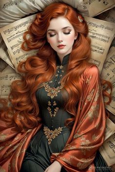 a woman with long red hair laying on top of sheets of sheet music and wearing an orange dress