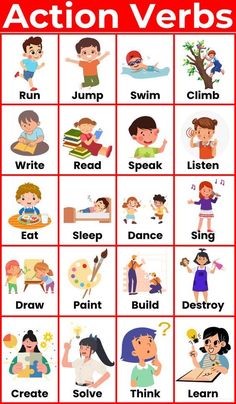 the action verbs poster is shown in red and white